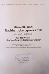 Urkunde Umwelt- und Nachhaltigkeitspreis 2018